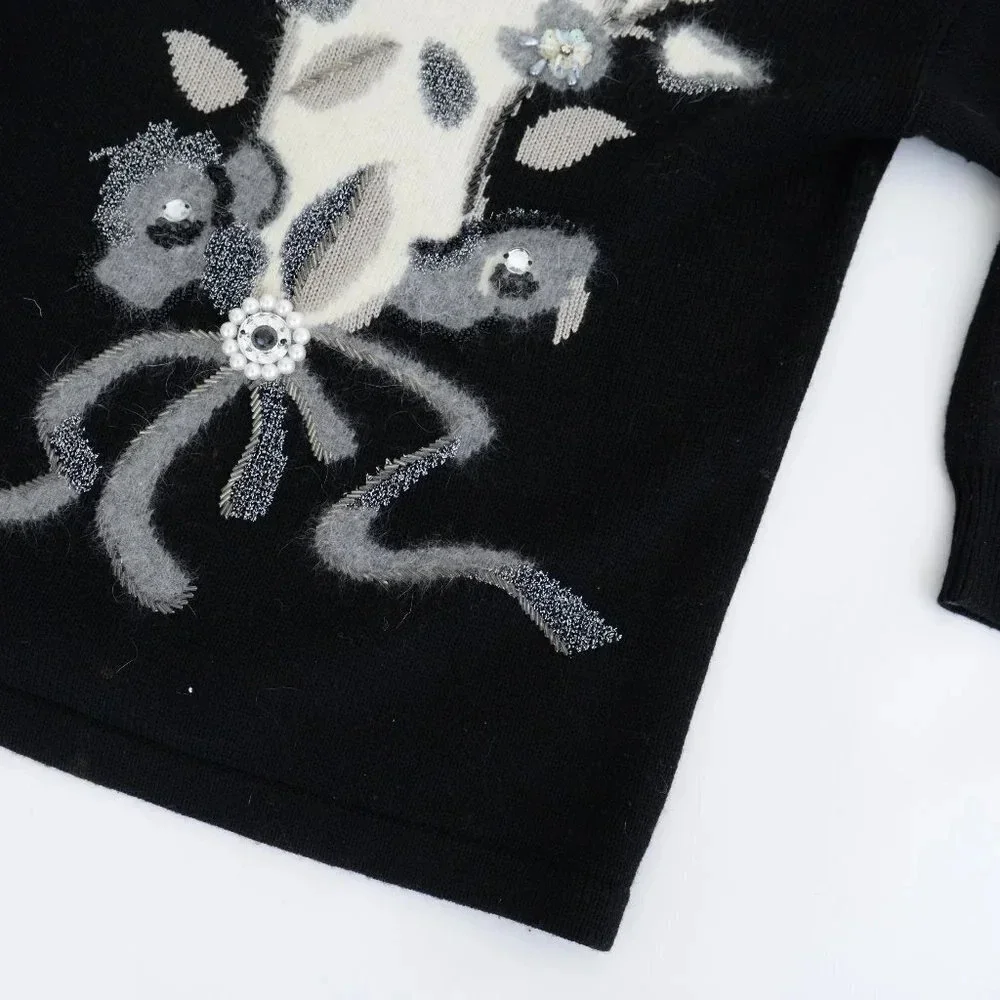 Vintage Angora Elegant Black and White Floral Sweater - Picture 6 of 13